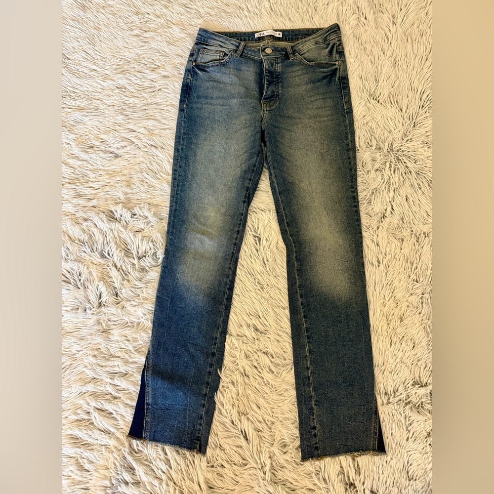 Zara Stretch Jean Denim Collection Two-Tone Ankle Slit Detail Size 4